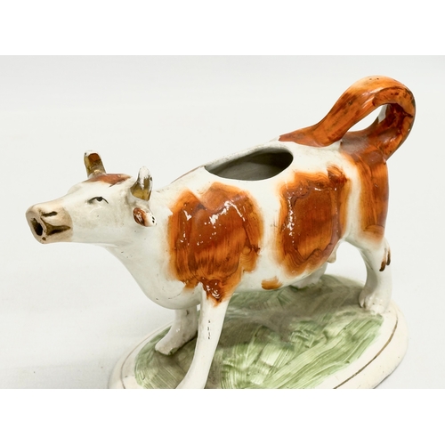 421 - A 19th Century Victorian Staffordshire pottery cow creamer. 17cm