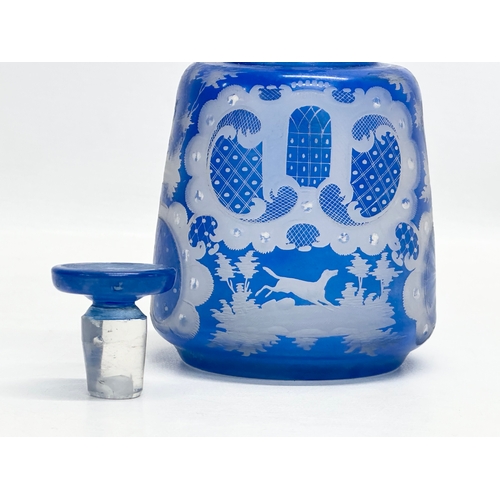 440 - A Late 19th Century Bohemian blue overlay glass decanter. Inscribed M.S. 20cm