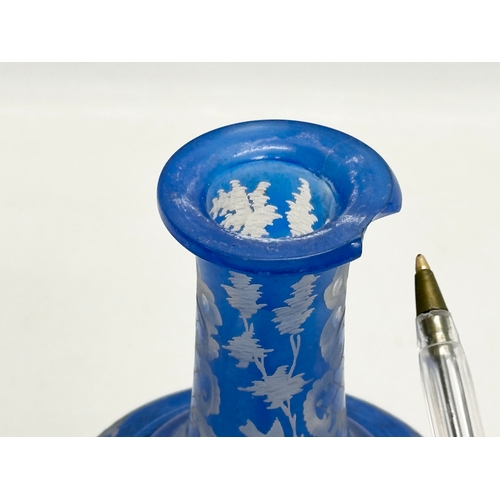 440 - A Late 19th Century Bohemian blue overlay glass decanter. Inscribed M.S. 20cm