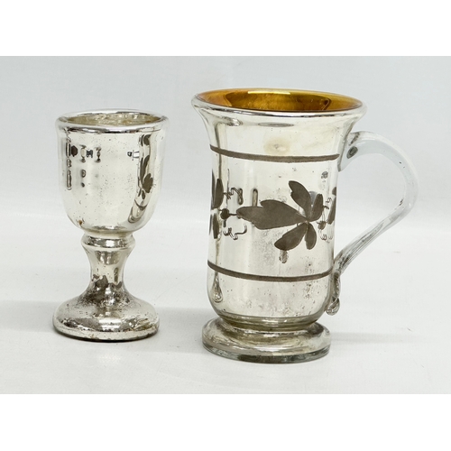 29 - A collection of 19th Century Mercury Glass/Silvered Glass. Goblet 22cm. Pair of salts 8x7cm. Cup 11c... 