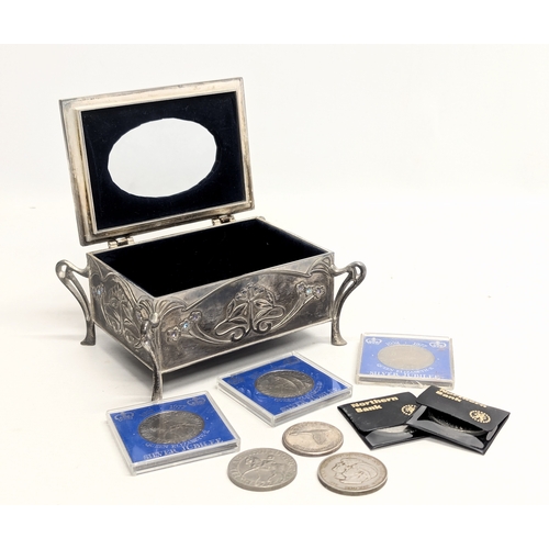 776 - An Art Nouveau jewellery box with a collection of coins including Queen Elizabeth Silver Jubilee.