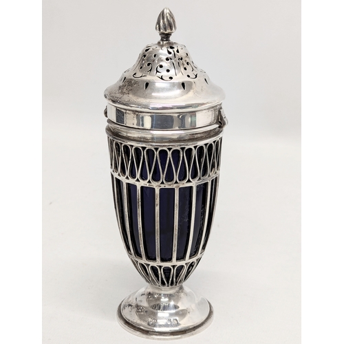 725X - An Early 20th Century silver sugar shaker with a Bristol blue glass liner by Haseler Brothers (Edwar... 