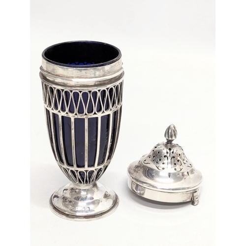 725X - An Early 20th Century silver sugar shaker with a Bristol blue glass liner by Haseler Brothers (Edwar... 