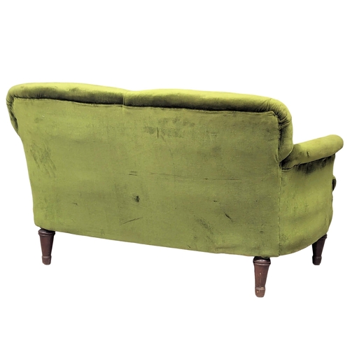 25 - An Early 20th Century 2 seater sofa with original green velvet upholstery and turned legs. With hors... 