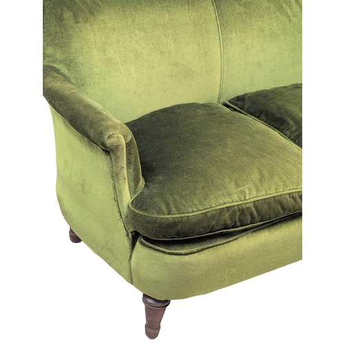 25 - An Early 20th Century 2 seater sofa with original green velvet upholstery and turned legs. With hors... 