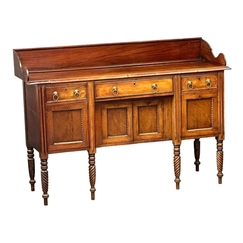 449 - An Early 19th Century, George IV mahogany gallery back sideboard. On turned wrythen legs, 3 drawers ... 