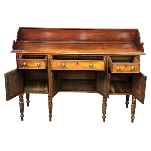 449 - An Early 19th Century, George IV mahogany gallery back sideboard. On turned wrythen legs, 3 drawers ... 