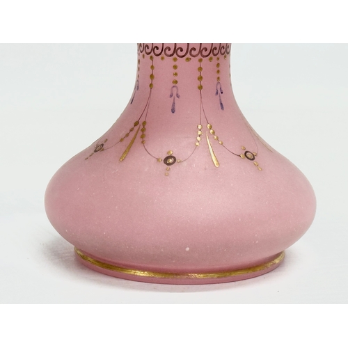 448 - A Late 19th/Early 20th Century painted frosted pink glass vase. 12x15cm