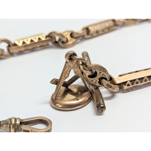 625 - A 9ct gold Victorian watch chain with fob and Masons symbol. 36g