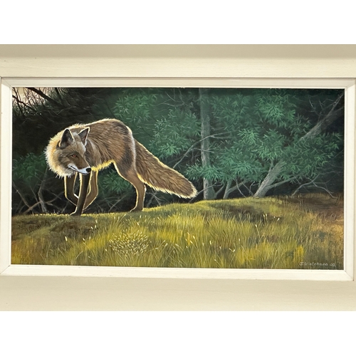 390 - John Watchorn. A large oil on board. Fox in the woods. Dated 2000. 52.5x28.5cm. Frame 75x52cm