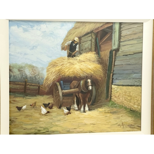 484 - Liam Kelly. A large oil on canvas. Working in the Farmyard. 61x51cm. Frame 80x69cm