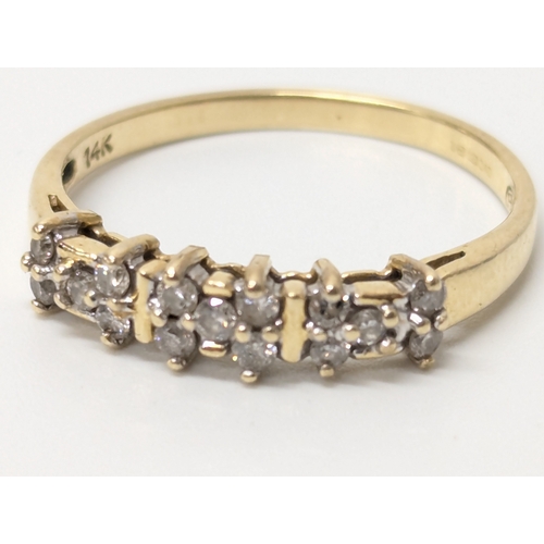 674 - 14ct gold & multi diamond ring. UK size P. 2 grams