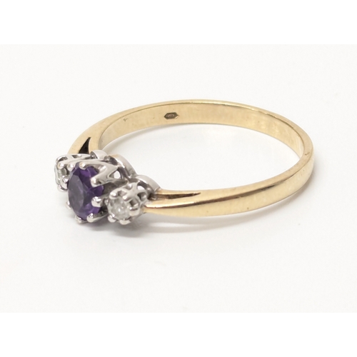 680 - 9ct gold ring with diamond & amethyst. UK size P. 2 grams