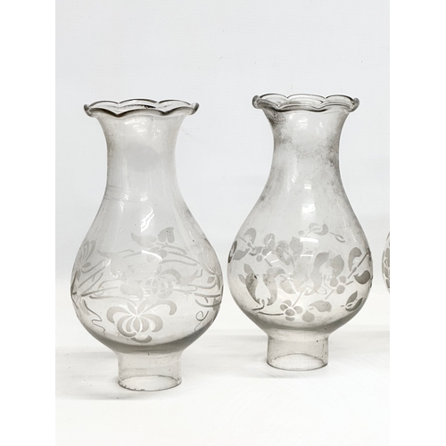 743 - A set of 4 Early 20th Century etched glass oil lamp funnels. 24cm