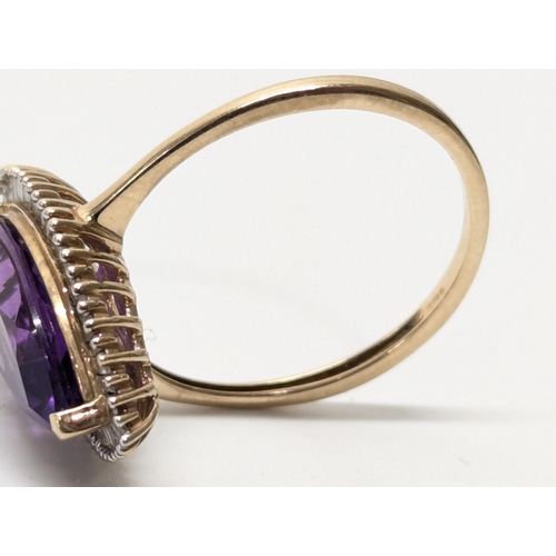 681 - 9ct gold, diamond & amethyst ring. UK size P. 3.1 grams.