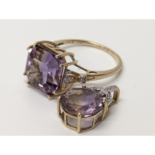 682 - 9ct gold, diamond & amethyst ring with matching pendant. 5.6 grams total. UK size Q.