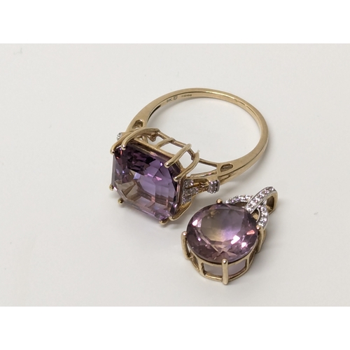 682 - 9ct gold, diamond & amethyst ring with matching pendant. 5.6 grams total. UK size Q.