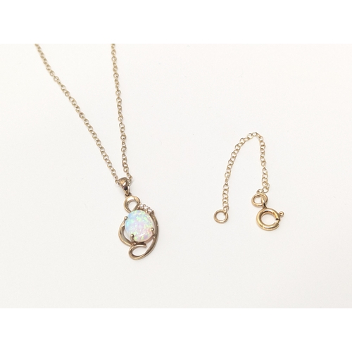 590G - 9ct gold diamond & opal necklace 2.9 grams with a small  14ct gold chain 0.5 grams