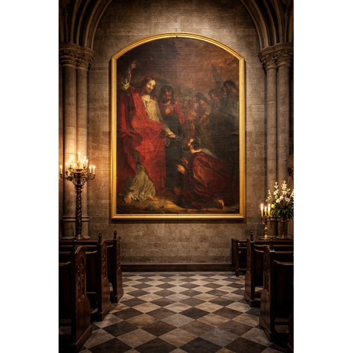 A very large Italian School oil on canvas. Late 18th/Early 19th Century. Keys of the Kingdom of Heaven, Jesus Handing The Keys to Saint Peter. Reportedly from a church rectory in Perthshire. Frame 205x280cm / 9.18 ft tall. 184x258cm.