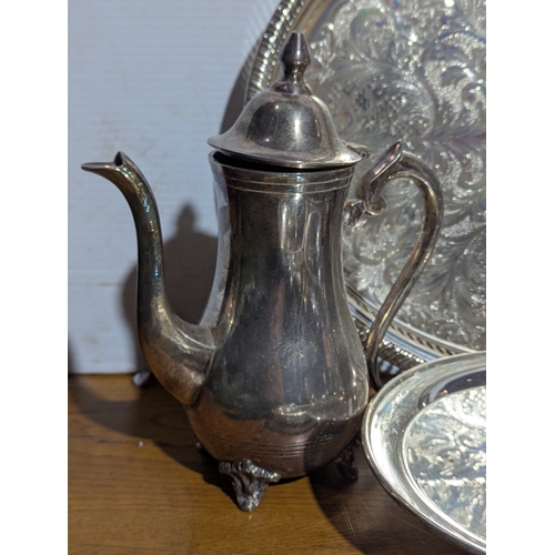 263 - Quantity of EPNS serving trays, coffee and tea pot, butter dishes etc