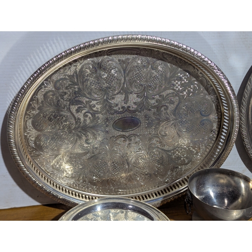 263 - Quantity of EPNS serving trays, coffee and tea pot, butter dishes etc