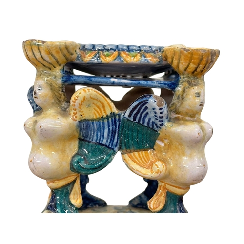 114 - Ariano Irpino, Late 16/Early 17th Century. An Italian Majolica Salt Cellar. 11.5x11.5x16.5cm.