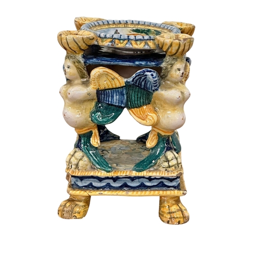 114 - Ariano Irpino, Late 16/Early 17th Century. An Italian Majolica Salt Cellar. 11.5x11.5x16.5cm.