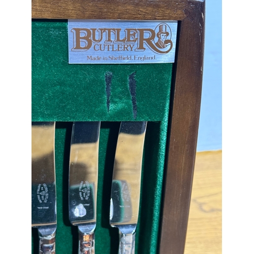 245 - A George Butler silver plated canteen of cutlery. 41x29x7.5cm.