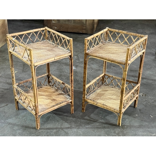 256 - A pair of 1960’s bamboo and rattan end tables. 31x30x56cm.
