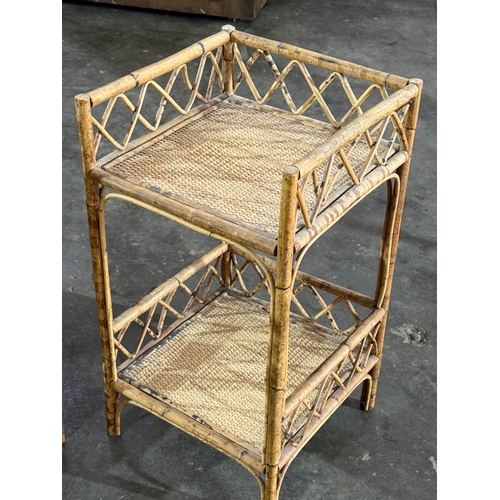 256 - A pair of 1960’s bamboo and rattan end tables. 31x30x56cm.