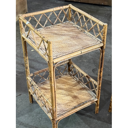 256 - A pair of 1960’s bamboo and rattan end tables. 31x30x56cm.