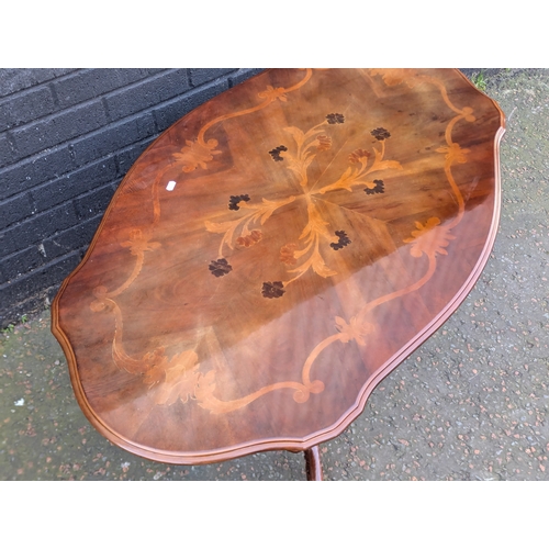 44A - Vintage inlaid mahogany pedestal coffee table, 119x69x54cm