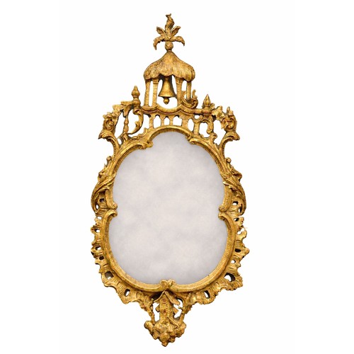 A Large Irish George III Carved Giltwood Framed Mirror in the Chinese Chippendale Style. C.1765-70, 18th Century. A Chinoiserie aesthetic with a carved foliage and cascading floral trails on each side, a prominent pagoda canopy with a suspended bell. 76x160cm.