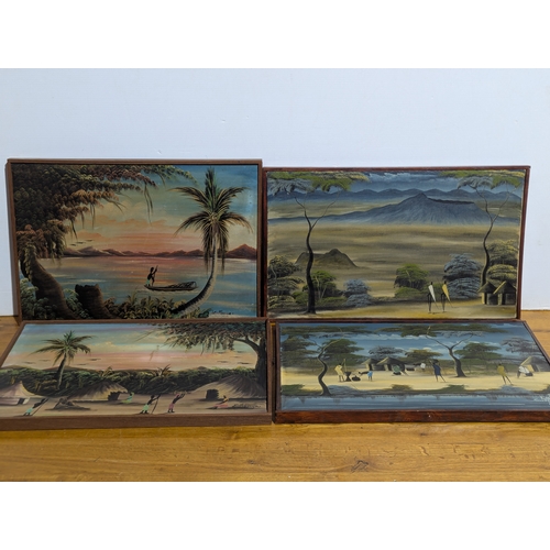 250 - 4 framed African themed oil paintings on canvas
