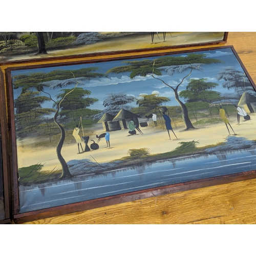 250 - 4 framed African themed oil paintings on canvas