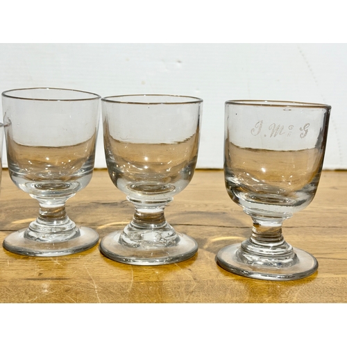 81 - Georgian and Victorian drinking glasses. An Irish Georgian rummer 9x12cm. A set of three Victorian r... 
