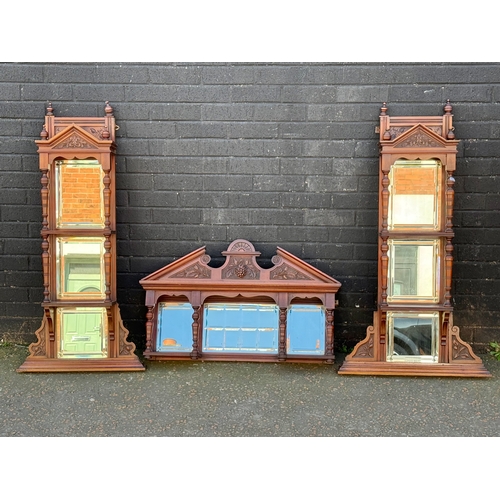 259 - Three late Victorian walnut mirror back wall brackets. 88x17x60cm. 65x117cm.