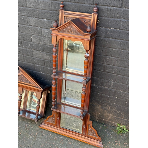 259 - Three late Victorian walnut mirror back wall brackets. 88x17x60cm. 65x117cm.