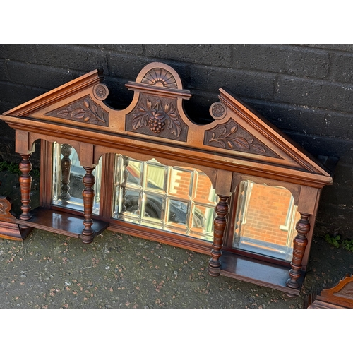 259 - Three late Victorian walnut mirror back wall brackets. 88x17x60cm. 65x117cm.
