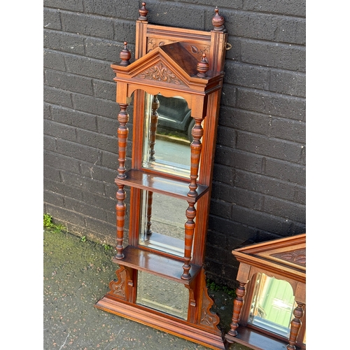 259 - Three late Victorian walnut mirror back wall brackets. 88x17x60cm. 65x117cm.