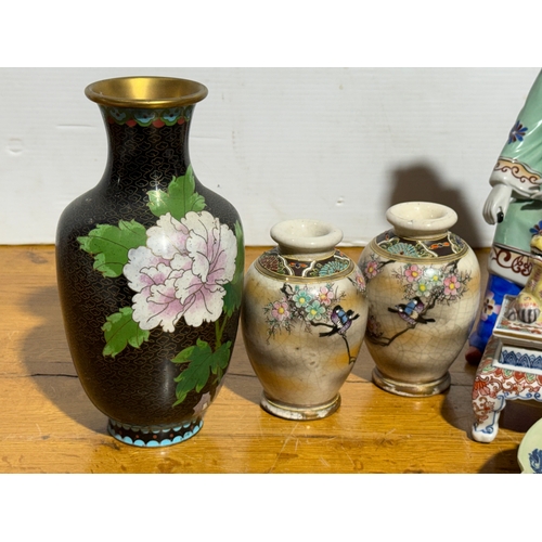 377 - A quantity of Chinese and Japanese pottery, including a cloisonné vase.