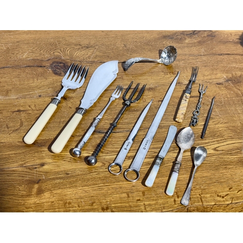 382 - Victorian cutlery. Elkington & Co meat skewers, silver plated sugar sifter, carving set etc.