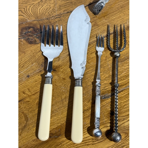 382 - Victorian cutlery. Elkington & Co meat skewers, silver plated sugar sifter, carving set etc.