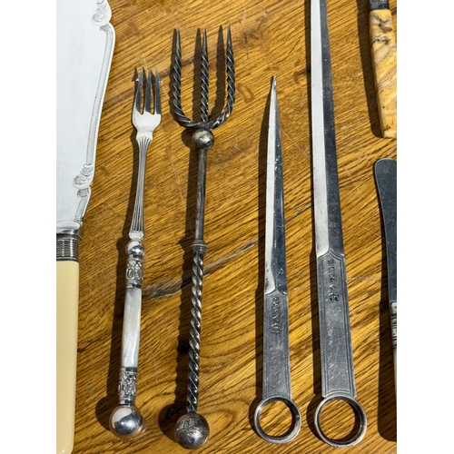 382 - Victorian cutlery. Elkington & Co meat skewers, silver plated sugar sifter, carving set etc.