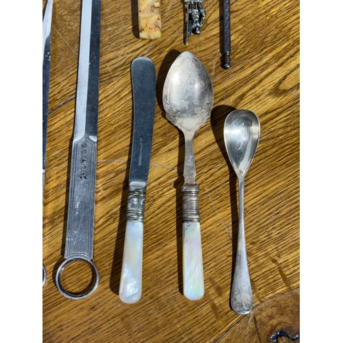 382 - Victorian cutlery. Elkington & Co meat skewers, silver plated sugar sifter, carving set etc.