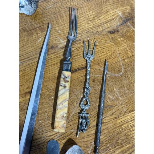 382 - Victorian cutlery. Elkington & Co meat skewers, silver plated sugar sifter, carving set etc.