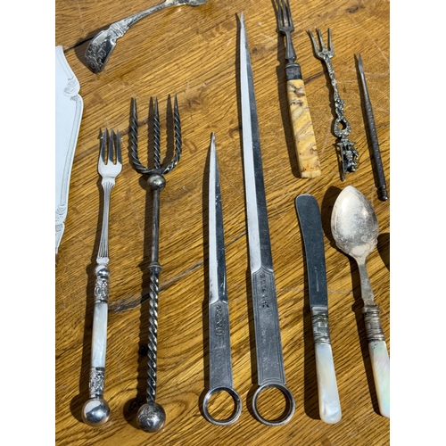 382 - Victorian cutlery. Elkington & Co meat skewers, silver plated sugar sifter, carving set etc.