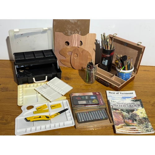 108 - Artist paintboxes, trays, brushes etc