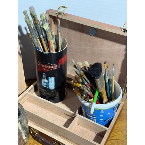 108 - Artist paintboxes, trays, brushes etc