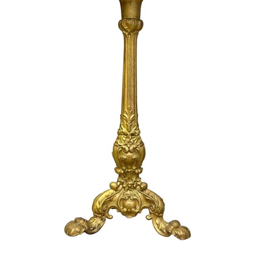 99 - A pair of Victorian gilded cast iron pedestal tables with mahogany tops. 36x70.5cm.